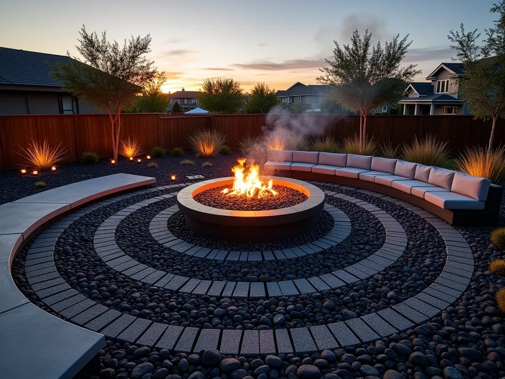 Modern Lava Rock Fire Pit at Dusk - A stunning twilight photograph of a contemporary circular fire pit surrounded by smooth black lava rocks, creating concentric rings of volcanic stone that radiate outward. The fire pit glows warmly with dancing flames, casting dramatic shadows across the textured lava rock surface. Modern low-profile concrete seating wrapped in weather-resistant cushions encircles the space, while copper LED path lights illuminate the walkway through the lava rock landscape. Steel-edged planting beds filled with ornamental grasses and succulents soften the perimeter. Shot with a wide-angle lens capturing the entire entertainment space, with the golden hour sky creating a stunning backdrop. The composition emphasizes the interplay between fire and stone, with smoke wisping dramatically through the evening air. DSLR camera settings: f/8, ISO 100, 1/125s, natural twilight lighting enhanced by the fire's glow.