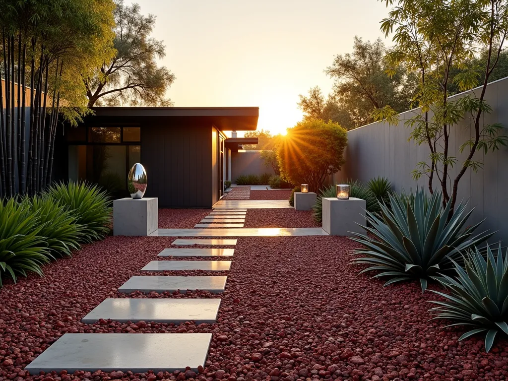 Contemporary Lava Rock Garden with Architectural Plants - A stunning modern garden landscape at golden hour, featuring dark red crushed lava rock meticulously arranged in geometric patterns. Dramatic architectural plants like black bamboo and silver-blue Agave attenuata create bold vertical elements. A sleek, minimalist concrete pathway cuts through the gravel, while a contemporary metallic sculpture serves as a focal point. Clean-lined concrete planters contain carefully pruned Japanese forest grass. Shot with a wide-angle lens capturing the interplay of sunset light on the textured lava rock surface, casting long shadows across the modern design. Professional DSLR photo with pristine clarity and rich detail, f/8, ISO 100, 1/125 sec.