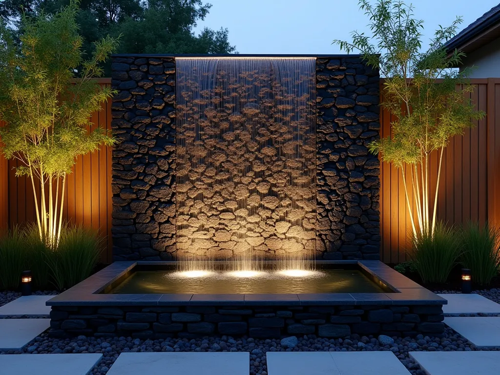 Modern Lava Rock Cascade - A stunning twilight photograph of a contemporary water feature in an elegant backyard garden. A 6-foot-tall metallic bronze wall covered in black lava rocks creates a dramatic cascading waterfall, photographed at f/2.8 with water droplets glistening in the ambient lighting. The textured volcanic rocks create mesmerizing ripple patterns as water flows down in multiple streams. Modern LED strip lighting illuminates the water's path, creating a sophisticated interplay of light and shadow on the porous rock surface. The base features a sleek rectangular reflection pool lined with smaller lava rocks, surrounded by minimal geometric concrete pavers. Architectural bamboo plants frame the sides, while low-voltage landscape lighting casts a warm glow across the scene. Shot from a medium-low angle to emphasize the vertical drama and capture the water's movement.