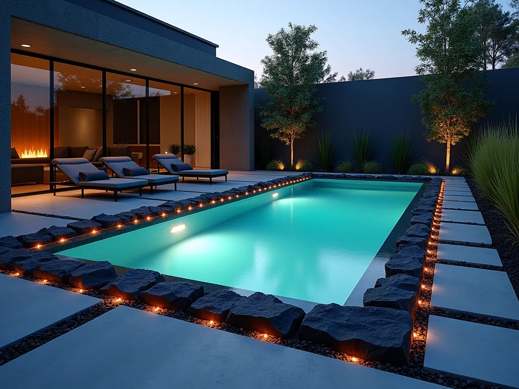 Modern Pool with Volcanic Border - A stunning twilight photograph of a contemporary rectangular swimming pool surrounded by sleek black lava rocks, captured from a low, wide angle. The rocks form a natural-looking border that contrasts beautifully with the pool's illuminated turquoise water. Minimalist LED lighting beneath the water creates a ethereal glow that reflects off the volcanic rocks' surface. Modern concrete pavers intersect with the lava rock border, creating geometric patterns. In the background, architectural grass plantings add vertical interest, while built-in deck loungers with charcoal cushions complement the volcanic aesthetic. The composition showcases the interplay between the smooth water surface and the textural elements of the lava rocks, shot with pristine clarity using natural and ambient lighting.