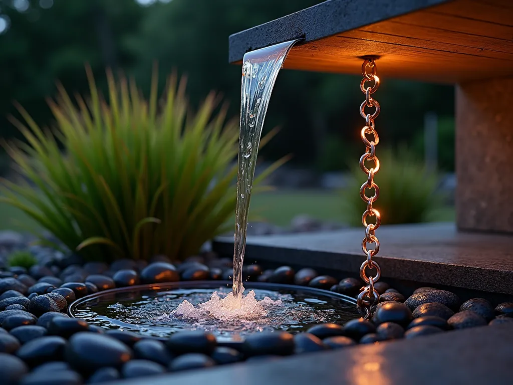 Modern Rain Chain with Lava Rock Basin - Close-up twilight shot of a sleek copper rain chain descending from a modern roof corner, water trickling down its geometric links onto a circular bed of glossy black lava rocks. The rocks form an artistic basin surrounded by smooth river stones and low-growing Japanese forest grass. Soft landscape lighting illuminates the water's path, creating magical reflections as droplets cascade down the chain. The contemporary design features clean lines and minimal plantings, with the sound of water creating a zen-like atmosphere in the garden setting.