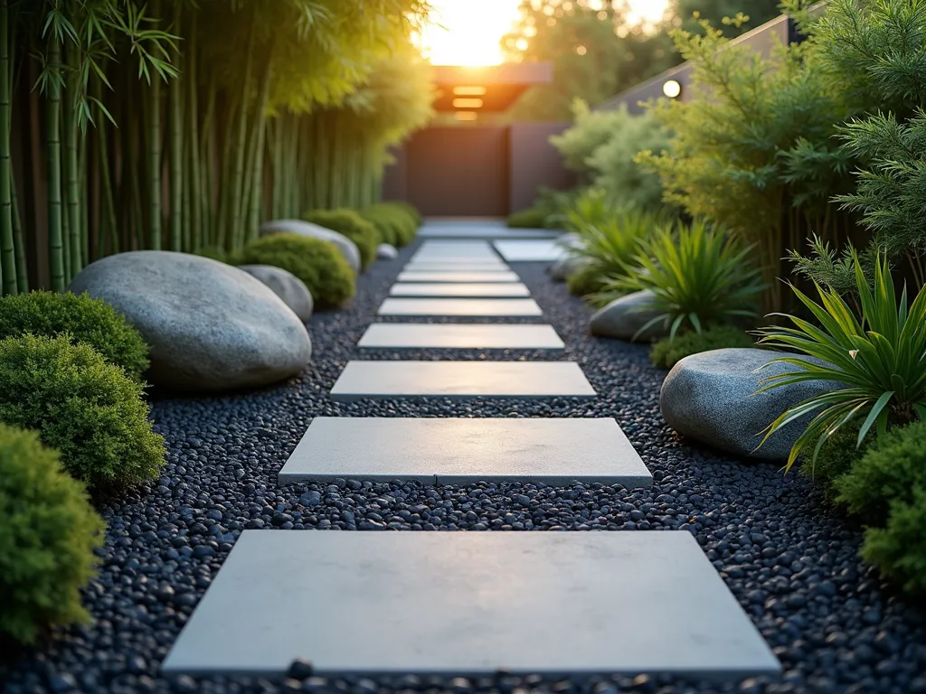 Modern Zen Garden Path with Lava Rock - A serene Japanese-inspired garden path photographed during golden hour, featuring sleek black lava rocks creating a modern walkway through a minimalist landscape. The path is meticulously arranged with larger volcanic stones lining the edges, while smaller lava gravel fills the center, creating a textural gradient. Emerging from contemporary rectangular concrete pavers, the path winds gracefully through carefully manicured green bamboo and cloud-pruned Japanese holly. Clean lines and geometric patterns are softened by ornamental grasses swaying in the breeze. The low-angle shot captures the interplay of warm sunlight on the dark, porous rocks, while moss-covered boulders anchor key focal points. Modern landscape lighting fixtures are subtly positioned to illuminate the path. The composition emphasizes the stark contrast between the jet-black lava rock and the surrounding lush greenery, photographed with precise depth of field to showcase both detail and context.