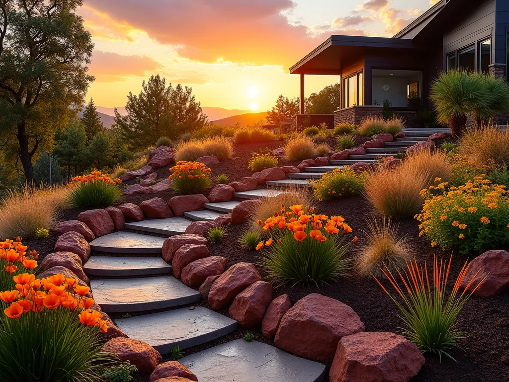 Sunset Lava Rock Garden with Vibrant Blooms - A stunning garden landscape at golden hour, featuring terraced beds of crimson lava rocks cascading through the yard. Orange California poppies, yellow daylilies, and red-hot pokers create waves of warm colors among the rocks. The setting sun casts long shadows and illuminates the red lava rocks, making them glow like embers. Natural stone steps weave through the garden, while ornamental grasses add movement and texture. The composition is captured from a three-quarter elevated view, showing the full sweep of the garden with a modern home partially visible in the background. The sky features dramatic sunset colors that complement the garden's warm palette.