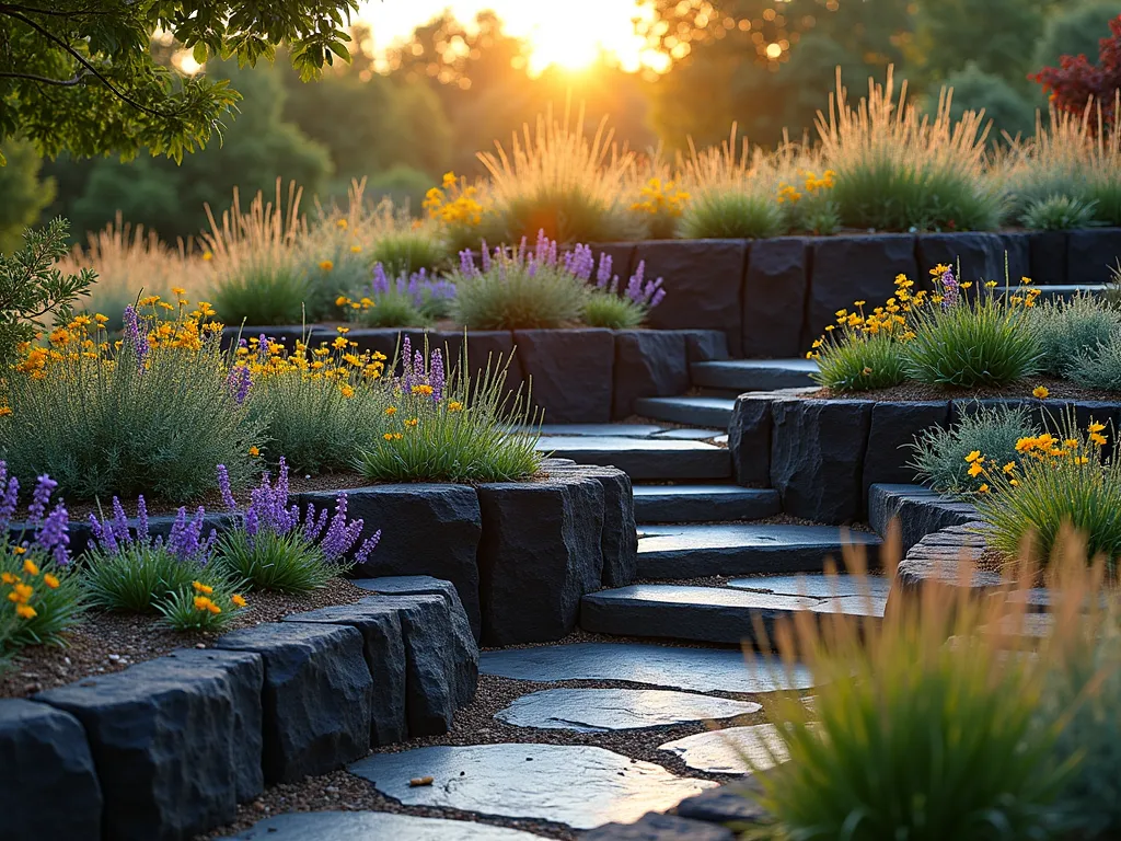 Elegant Terraced Lava Rock Garden at Sunset - A stunning terraced garden photographed at golden hour, featuring three levels of natural black lava rock retaining walls, each 2 feet high. The walls curve organically through the landscape, creating dramatic shadows in the warm evening light. Each terrace overflows with drought-resistant plants including purple salvia, yellow day lilies, and cascading creeping thyme. The volcanic rocks' porous texture is captured in sharp detail, while ornamental grasses sway gently in the background. A natural stone pathway winds through the terraces, leading to a peaceful seating area. Shot from a low angle to emphasize the architectural elements, with the setting sun creating a warm glow on the rock faces. Professional DSLR capture with perfect exposure showing the interplay of light and shadow across the terraced landscape. 8K resolution, photorealistic, architectural photography.