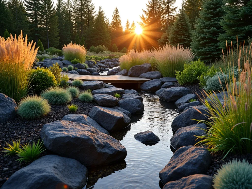 Tranquil Lava Rock Stream Garden - A serene garden landscape at golden hour featuring a winding dry stream bed crafted from black and red lava rocks of varying sizes, creating a natural water flow illusion. A rustic wooden footbridge crosses the stream, while ornamental grasses, Japanese forest grass, and blue fescue line the edges, their foliage catching the warm evening light. The stream bed curves gracefully through the landscape, with larger lava rocks anchoring the bends and smaller ones filling the center channel. Shot from a low angle perspective using a wide-angle lens, capturing the entire composition with the setting sun casting long shadows and highlighting the textural details of the rocks and plants. The background features mature evergreens providing depth and context to the scene.