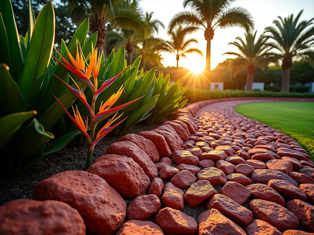 Tropical Lava Rock Garden Border at Sunset - A stunning wide-angle DSLR photograph of a curved garden border at golden hour, featuring dramatic red lava rocks creating a flowing border pattern against lush tropical landscaping. Towering bird of paradise plants with vibrant orange blooms and elegant palm trees emerge from the bed of volcanic rocks, casting long shadows across the textured red stone surface. The porous lava rocks, varying in size from medium to large, create a striking contrast against the emerald green foliage. Soft sunset lighting illuminates the scene, highlighting the rich crimson tones of the rocks while golden light filters through the palm fronds. The composition shows depth with carefully layered plantings, professional landscaping techniques, and natural moisture retention properties of the volcanic stone, shot at f/8 for optimal clarity and detail, photographic quality, 8k resolution