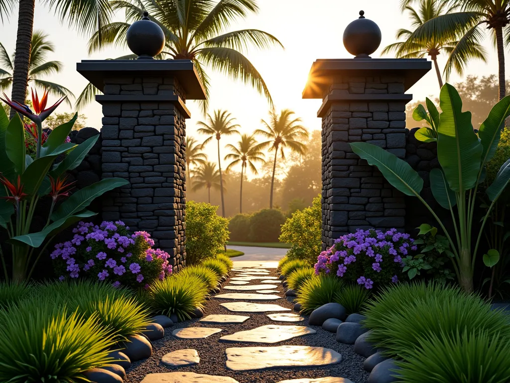 Tropical Gateway with Lava Rock Pillars - A captivating garden entrance at golden hour, featuring two majestic 6-foot tall black lava rock pillars forming an elegant gateway. The pillars are naturally textured and dramatically lit by warm sunlight, creating deep shadows in their porous surface. Surrounding the pillars are vibrant tropical plants including towering bird of paradise, giant elephant ears, and cascading purple bougainvillea. A natural stone pathway leads through the gateway, bordered by smaller lava rocks and bright green mondo grass. The scene is photographed from a low angle, emphasizing the grandeur of the pillars against a soft-focus background of palm trees. Shot with a wide-angle lens capturing the dramatic scale and lush tropical atmosphere, with natural sunlight filtering through the foliage creating dappled light patterns.