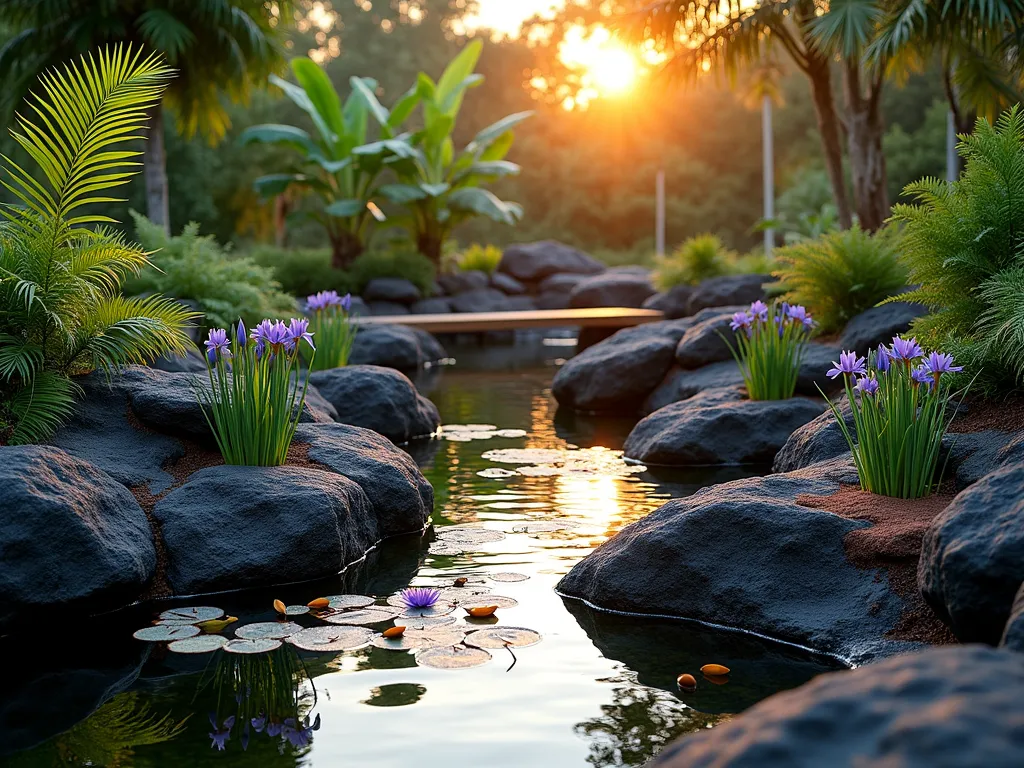 Tropical Lava Rock Pond Edge at Sunset - A serene garden pond at sunset with dark, porous lava rocks naturally arranged along its curved edge, creating a dramatic border. Japanese iris and water lilies emerge from between the rocks, while tropical ferns cascade over the edge. The rough-textured black and red lava rocks form natural terraces down to the water, with small pools where birds can drink. Golden hour sunlight reflects off the pond's surface, casting warm hues on the rocks. Wide-angle shot capturing the entire pond edge with lush tropical vegetation in the background, including banana plants and bird of paradise. A small wooden viewing deck extends partially over one corner of the pond.