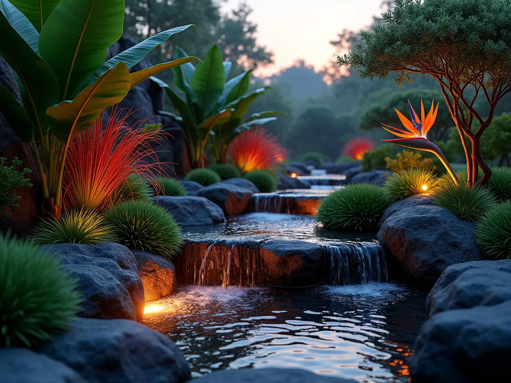 Tropical Rain Garden with Lava Rock Filtration - A stunning twilight scene of a modern tropical rain garden featuring dark red and black lava rocks arranged in graceful cascading levels. The rocks form a natural filtration system with small water channels running through them. Tall, dramatic Bird of Paradise plants and vibrant red Ti plants emerge from between the rocks, while cascading Japanese Forest Grass softens the edges. Mist hovers over the garden, creating an ethereal atmosphere. Large tropical Elephant Ear leaves drape over the lava rocks, their deep green contrasting beautifully with the rocks' rich texture. Solar-powered accent lighting illuminates the garden from below, creating dramatic shadows and highlighting the water's journey through the rocks. Shot from a low angle to emphasize the garden's layers and create depth, with the warm glow of dusk in the background. Photorealistic, ultra-detailed, 8K resolution.