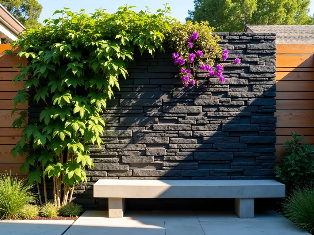 Modern Vertical Lava Rock Garden Wall - A stunning DSLR wide-angle photograph of a contemporary backyard featuring a 8-foot tall vertical wall crafted from stacked charcoal-black lava rocks, captured during golden hour. The textured rocks cast dramatic shadows across the wall's surface, while emerald green Boston ivy and purple clematis vines gracefully cascade down the rocky face. Natural afternoon sunlight filters through the foliage, creating a mesmerizing interplay of light and shadow. The wall is photographed at f/8 with perfect depth of field, showcasing the intricate volcanic texture of each lava rock and the way the climbing plants weave through the crevices. A modern concrete bench sits at the base, providing scale and functionality. The composition includes a water feature trickling down one section of the wall, adding subtle movement and sound to the scene.