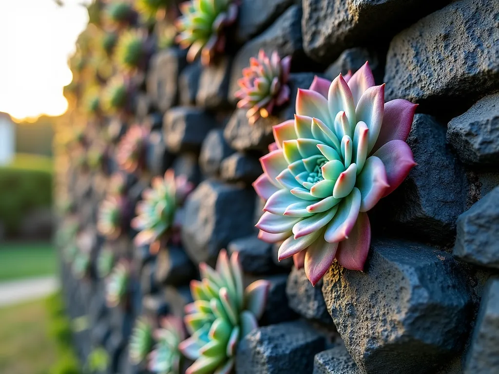 Vertical Succulent Lava Rock Wall Garden - A dramatic close-up photo of a modern vertical garden wall made from stacked black lava rocks, showcasing vibrant succulents emerging from natural crevices and pockets between the rocks. The wall features an artful arrangement of Echeveria, Sedum, and Sempervivum in shades of blue, pink, and sage green, their rosette patterns creating a living tapestry against the dark, porous texture of the lava rocks. Late afternoon golden sunlight casts subtle shadows, enhancing the dimensional quality of the installation. Shot with a wide-angle lens at f/8, capturing both the intricate details of the succulents and the overall architectural impact of the rock wall. Professional DSLR photo with perfect exposure and sharp focus, highlighting the contrast between the rough volcanic rock and the delicate succulent forms.