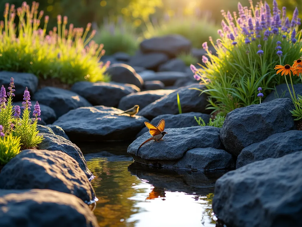 Wildlife-Friendly Lava Rock Garden Haven - A serene early morning garden scene featuring artfully arranged black lava rocks creating natural terraces and hideaways, photographed with golden sunlight filtering through. Native flowering plants like purple coneflowers and black-eyed susans emerge between the rocks, while small birds perch on strategically placed larger lava boulders. A shallow natural-looking rock pond with smooth lava stone edges reflects the morning light, surrounded by native grasses and butterfly bushes. Small lizards bask on sun-warmed rocks while butterflies hover near the blooming natives. Captured with stunning depth of field showing the entire habitat garden while maintaining crisp detail of the rock textures and wildlife interactions. Professional DSLR photo with perfect exposure highlighting the natural beauty of this wildlife sanctuary.