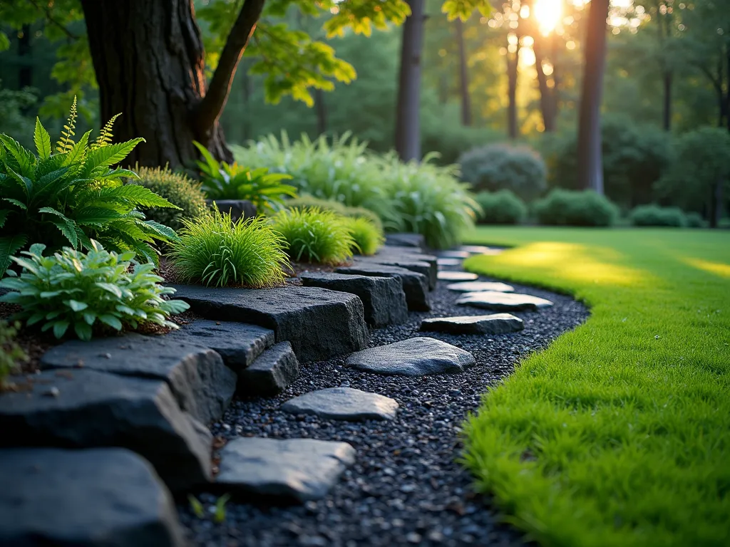 Woodland Edge Lava Rock Border at Dusk - A serene DSLR wide-angle photograph of a natural woodland garden border at dusk, where smooth black lava rocks of varying sizes create a graceful transition between dense forest and manicured lawn. The rocks form an organic, winding border illuminated by soft evening light filtering through overhead tree canopy. Clusters of shade-loving hostas, ferns, and Japanese forest grass emerge between the rocks, their foliage catching the golden hour glow. The lava rocks' porous texture provides rich contrast against the lush greenery, while moss-covered sections add an ethereal touch. The composition captures depth with the forest backdrop dissolving into subtle shadows, while the foreground showcases the intricate detail of the rock placement and plant integration. Shot at f/8 for optimal depth of field, capturing the natural light transitioning from day to evening.