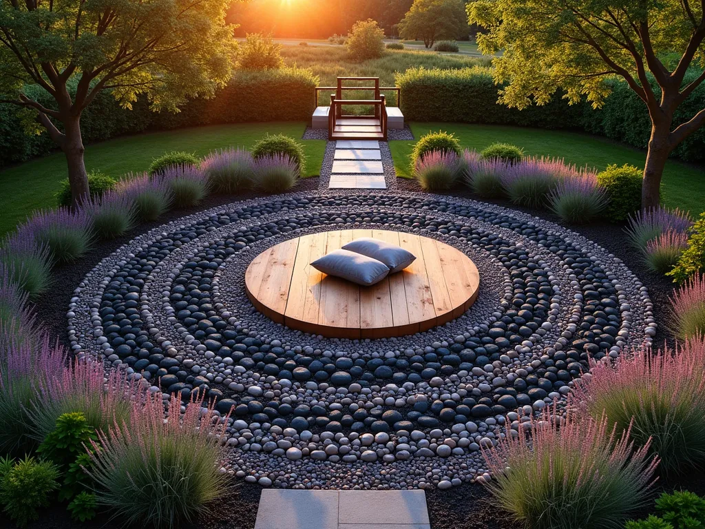 Zen Lava Rock Meditation Circle at Sunset - A serene circular meditation space in a tranquil garden, shot during golden hour with long shadows. The design features concentric rings of black and red lava rocks creating a mesmerizing mandala pattern, photographed from a 45-degree elevated angle. The circles radiate outward from a central wooden meditation platform with plush cushions. Fragrant lavender, sage, and rosemary border the outer ring, their purple and silver foliage catching the warm sunset light. Japanese maple trees frame the scene, casting dappled shadows across the rocks. The lava rocks vary in size from small pebbles to medium stones, creating texture and depth. Soft pathway lighting is integrated between the rock circles, beginning to glow as dusk approaches. Shot with shallow depth of field highlighting the intricate rock patterns while keeping the overall composition in focus. The image captures both the structural beauty of the design and its spiritual essence.