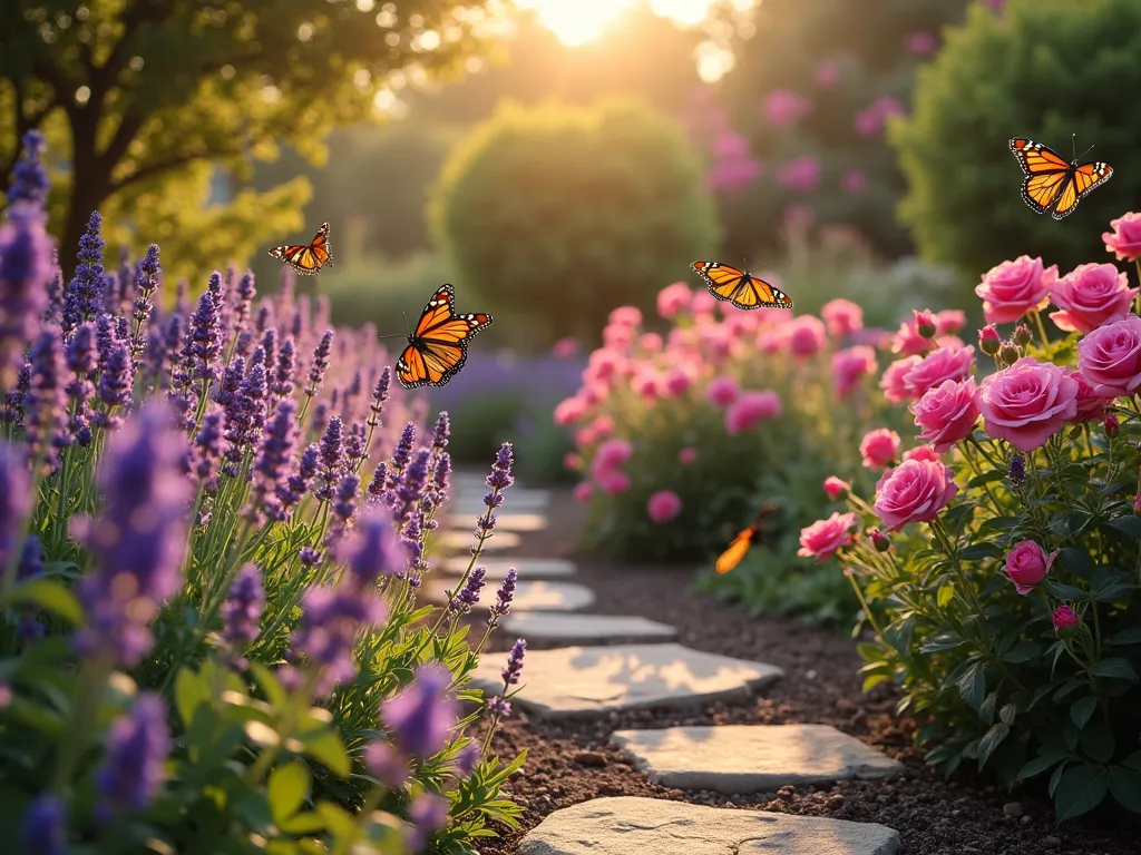 Butterfly Haven with Roses and Lavender - A sunlit cottage garden photographed during golden hour, featuring meandering paths through lush beds of deep purple English lavender (Lavandula angustifolia) and vibrant pink Knock Out roses. Several monarch and swallowtail butterflies hover over the blooms. The garden includes natural stone pathways winding through the plantings, creating an intimate and romantic atmosphere. Multiple butterflies dance among the flowers, their wings catching the warm evening light. Soft bokeh effect in background shows additional layers of flowering plants. The composition captures the height variation between the taller roses and lower-growing lavender, creating a naturalistic, wild garden aesthetic. Wide-angle perspective showcases the garden's scale while maintaining detail in the foreground flowers.