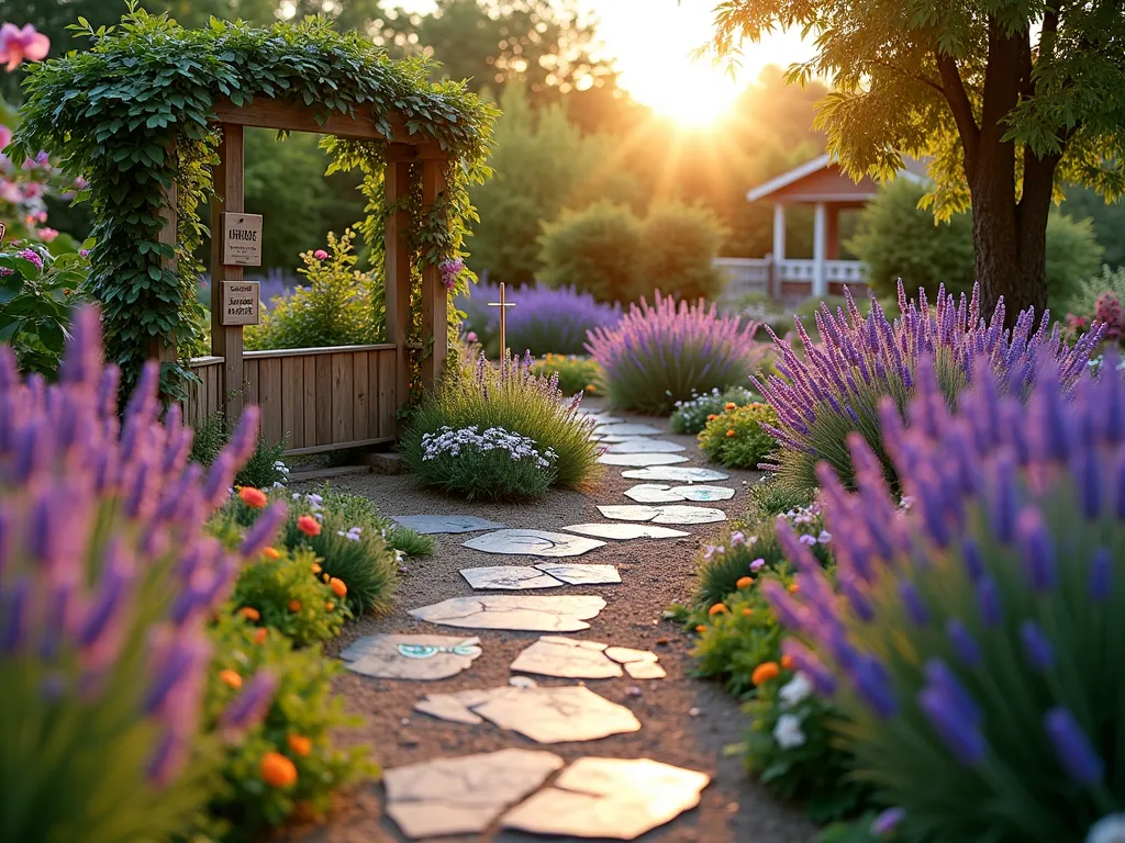 Magical Children's Sensory Garden Path - A whimsical garden path designed for children, photographed at golden hour with a 16-35mm lens at f/2.8, ISO 400. The meandering stone pathway is lined with child-safe David Austin roses and French lavender, creating soft purple and pink borders. Wooden educational plant markers and butterfly identification signs dot the garden. A charming child-sized arbor covered in climbing roses frames the entrance. Natural stepping stones are interspersed with decorative mosaic tiles featuring butterflies and bees. Solar-powered fairy lights twinkle among the plants, while a small water feature provides gentle background sounds. The garden includes interactive elements like a sundial and weather station. The perspective is a wide-angle shot that captures the entire sensory path while maintaining intimate details of the flowers and educational elements. The warm evening light casts long shadows and illuminates the lavender in a magical purple glow.