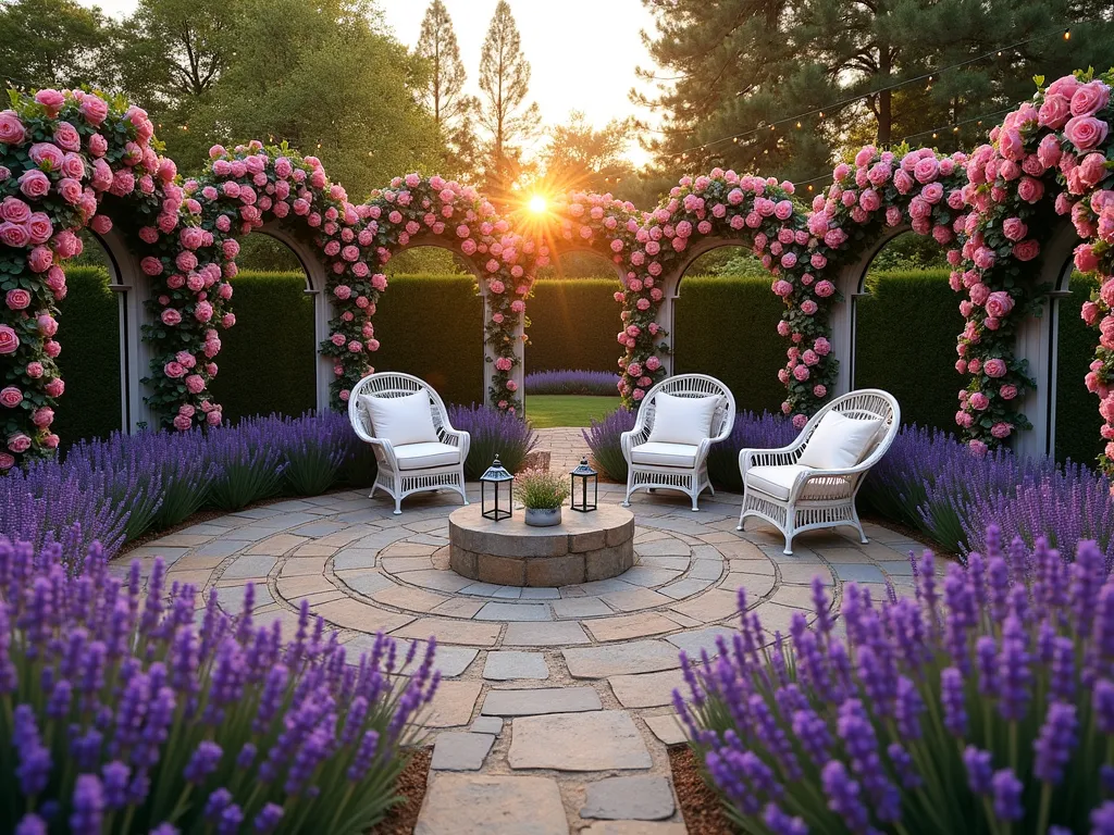 Enchanting Circular Rose and Lavender Garden Room - A stunning circular garden sanctuary photographed during golden hour, showcasing a meticulously designed outdoor room with climbing roses in full bloom forming the outer perimeter on elegant white trellises. Concentric rings of French and English lavender in varying purple hues create a spiral pattern leading to a central intimate seating area. The center features a weathered stone circular patio with comfortable white wicker furniture and soft cushions. Ornate metal lanterns add romance while string lights draped overhead create a magical ambiance. The wide-angle perspective captures the entire circular design while showing the interplay of sunset light through the rose-covered structures. Soft bokeh effect in background showing additional garden elements. Professional DSLR photo with perfect exposure showing rich details in both flowers and hardscaping elements.