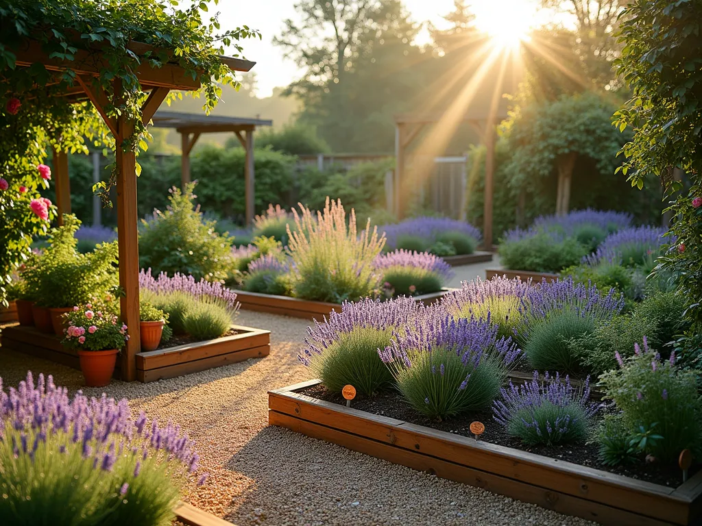 Culinary Herb Garden with Lavender and Roses - A late afternoon wide-angle shot of a beautifully designed culinary herb garden, photographed with a 16-35mm lens at f/2.8, ISO 400. Sun rays filter through creating a golden glow. Raised wooden beds in a geometric pattern contain English Lavender 'Munstead' and fragrant David Austin roses in soft pink. The garden features winding gravel paths between beds filled with sage, thyme, and rosemary. Copper plant markers identify each herb variety. A rustic wooden pergola draped with climbing roses frames the scene, while terracotta pots overflow with additional herbs. The garden's organization reflects both functionality and beauty, with careful attention to height variations and companion planting principles. The golden hour lighting emphasizes the ethereal purple of the lavender against the soft rose petals.