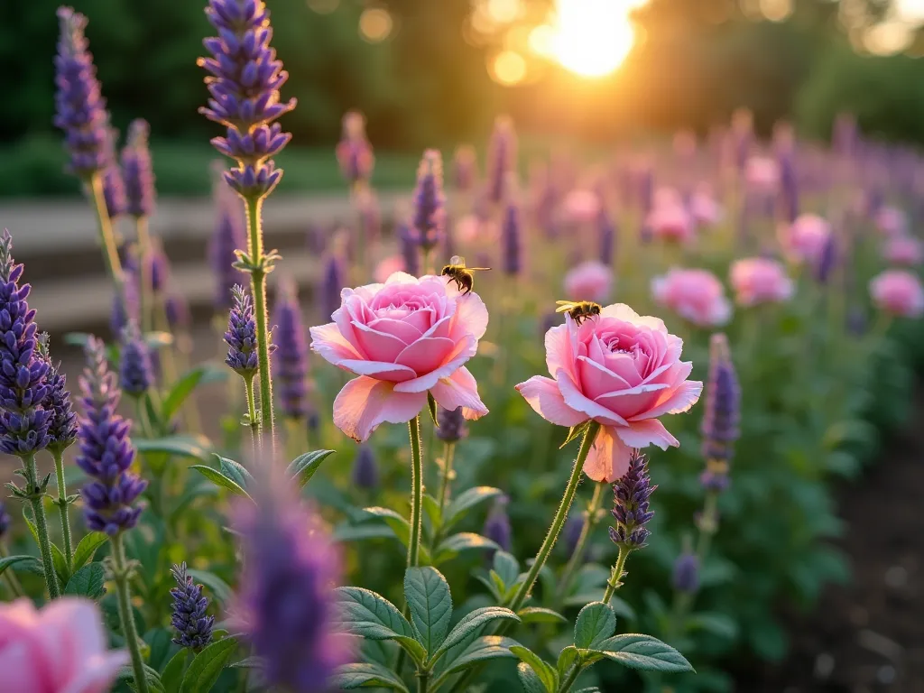 Edible Garden Lavender Rose Border - A dreamy close-up perspective of a lush garden border at golden hour, where deep purple English lavender and soft pink David Austin roses frame a well-maintained vegetable garden. The border features alternating clusters of culinary lavender 'Munstead' and fragrant rosa damascena, creating a romantic, cottage-garden aesthetic. Gentle evening sunlight filters through the plants, highlighting busy bees and butterflies visiting the blooms. The vegetable garden is visible in the background, with neat rows of herbs and vegetables, while the foreground showcases the textural contrast between the silvery lavender foliage and the rich green rose leaves. Dew drops glisten on the petals, creating a magical, enchanted atmosphere.