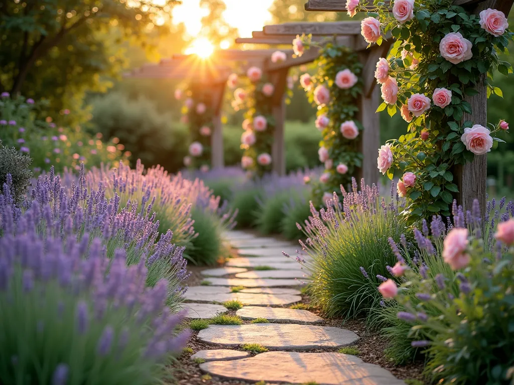 English Cottage Garden Border at Golden Hour - A dreamy English cottage garden border photographed during golden hour, featuring a stunning combination of silvery-purple Hidcote lavender plants creating a soft, flowing border in the foreground, with elegant 'New Dawn' climbing roses in full bloom ascending weathered wooden trellises behind. The setting sun casts warm, golden light through the pale pink rose blooms, creating a romantic atmosphere. The composition shows a curved garden border with perfectly spaced lavender plants providing structure, while the climbing roses add vertical interest. Natural stone pavers create a winding path alongside the border, with dappled light creating magical shadows. The image captures the quintessential cottage garden aesthetic with a professional DSLR wide-angle perspective, showing the intricate details of both the lavender's silvery foliage and the delicate rose petals, all set against a softly blurred background of additional cottage garden plantings. 8K resolution, hyper-realistic detail, professional garden photography.