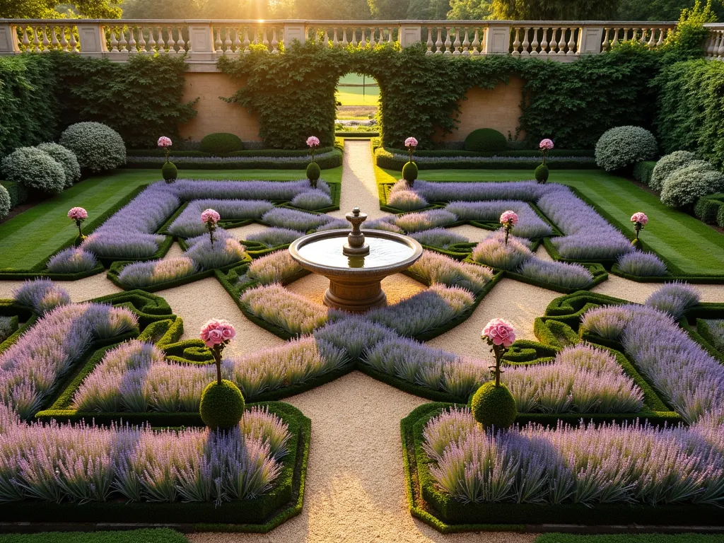 Elegant Formal Knot Garden with Lavender and Roses - A meticulously designed formal knot garden at golden hour, showcasing an intricate geometric pattern of perfectly trimmed lavender borders creating Celtic-inspired loops and intersections. Elegant standard roses in soft pink and blush tones rise gracefully at each crossing point, their stems trained into classical topiary forms. The low-angled sunlight casts long shadows across the garden, highlighting the precise symmetry of the design. Gravel pathways in warm beige weave between the patterns, while a weathered stone fountain serves as the central focal point. The garden is photographed from a raised perspective to showcase the complete mathematical precision of the knot pattern, with the lavender's purple hues creating a stunning contrast against the roses and crushed stone paths. A classical stone balustrade frames the background, with climbing roses softening its formal appearance.