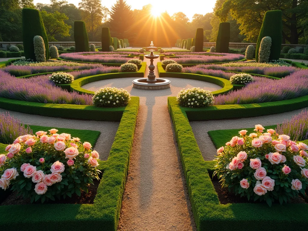 Symmetrical Parterre Garden with Lavender and Roses - A stunning formal parterre garden at golden hour, photographed with a wide-angle lens capturing the grand symmetrical design. Perfectly manicured geometric boxwood hedges create intricate patterns, bordered by masses of blooming English lavender. Classic David Austin roses in soft pink and cream colors serve as dramatic focal points in each parterre section. Gravel pathways intersect the garden in a geometric pattern, leading to a central ornate fountain. The low-angled sunlight casts long shadows across the formal garden, highlighting the texture of the lavender and catching the dewdrops on rose petals. Shot at f/8 with warm, natural lighting emphasizing the romantic atmosphere and architectural elements of the classical garden design.