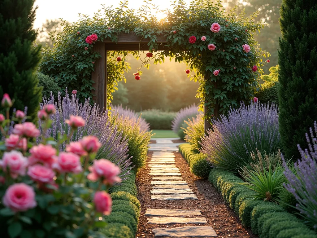 Four-Season Lavender and Rose Garden - A wide-angle dawn shot of a meticulously designed garden pathway, captured with a 16-35mm lens at f/2.8, ISO 400. The path is flanked by blooming David Austin roses and English lavender in the foreground, their colors enhanced by the golden morning light. The middle ground features structural evergreen boxwoods and cypresses providing year-round framework. The composition includes frost-covered lavender stems and vibrant rose hips in winter interest areas, with ornamental grasses adding texture. Morning dew glistens on the plants, creating a magical atmosphere. A rustic wooden arch covered in climbing roses frames the scene, while the background shows varying heights of perennials creating depth and visual interest. The garden demonstrates clear seasonal planning with both flowering and structural elements.