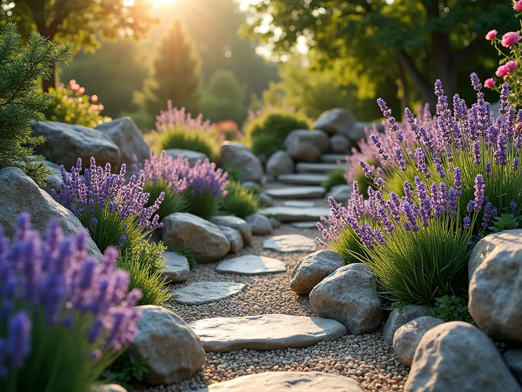 Lavender and Rose Rock Garden Haven - A beautifully composed wide-angle DSLR photograph of a naturalistic rock garden at golden hour, featuring clusters of fragrant English lavender and climbing David Austin roses gracefully woven between weathered limestone boulders and smooth river rocks. The garden features multiple levels created by natural stone terracing, with crushed gravel pathways winding through the space. Soft evening light casts long shadows across the textured rocks, while the purple lavender blooms and pink climbing roses create a romantic contrast against the stone elements. The photograph is captured with precise technical details: f/8 aperture for optimal depth of field, ISO 100 for crystal clarity, and 1/125 shutter speed to perfectly capture the warm, natural lighting. Small water-worn pebbles and architectural gravel provide excellent drainage and create a Mediterranean-inspired backdrop for the flowering plants.