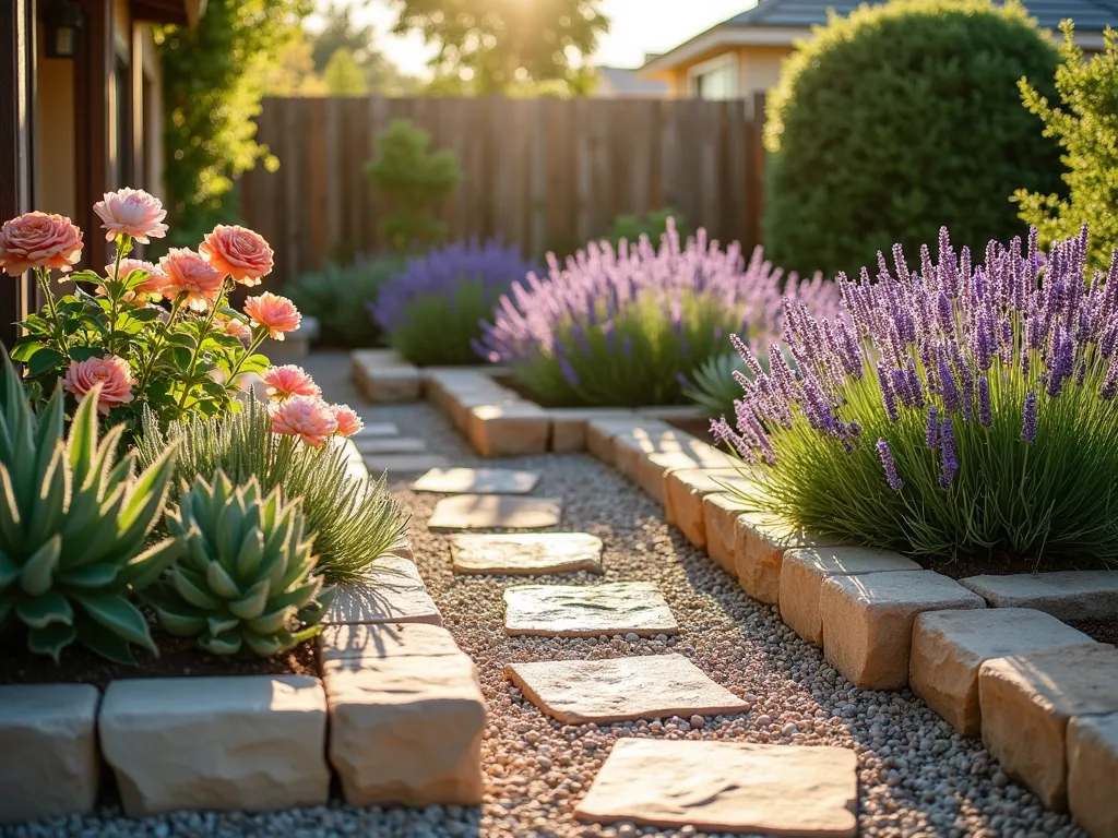 Mediterranean Drought-Resistant Rose and Lavender Garden - A sun-drenched Mediterranean-style garden photographed during golden hour, featuring clusters of drought-resistant David Austin roses in soft apricot and pink tones harmoniously mingling with swaying purple Spanish lavender. The garden is artfully arranged in raised weathered stone beds filled with pale gravel mulch, creating distinct planting zones. Architectural succulents and ornamental grasses provide texture, while a rustic stone pathway winds through the drought-tolerant paradise. Shot with a wide-angle lens capturing the garden's natural terracing and thoughtful plant groupings, with late afternoon sunlight casting long shadows and illuminating the lavender's purple spikes. The composition showcases water-wise gardening principles while maintaining romantic cottage garden aesthetics.