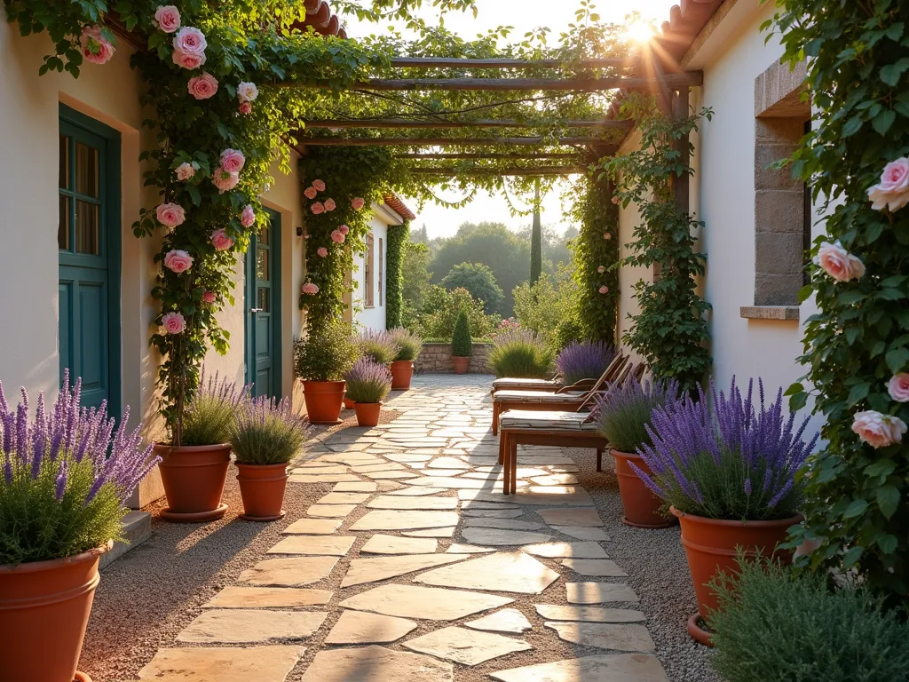 Sun-Kissed Mediterranean Terrace Garden with Lavender and Roses - A stunning late afternoon Mediterranean terrace garden, photographed from a wide angle, showing a sun-drenched stone terrace with weathered terracotta pots filled with blooming French lavender. Elegant climbing roses in soft pink and white cascade down whitewashed walls, creating a romantic atmosphere. Crushed gravel pathways wind through the space, bordered by rosemary and thyme. Golden sunlight filters through the rose-covered pergola, casting warm shadows across the terrace. Terra cotta tiles and rustic wooden furniture add authentic Mediterranean charm, while potted olive trees frame the corners. The composition captures the interplay of formal and relaxed Mediterranean garden design, with the lavender's purple spikes contrasting beautifully against the white walls and climbing roses.