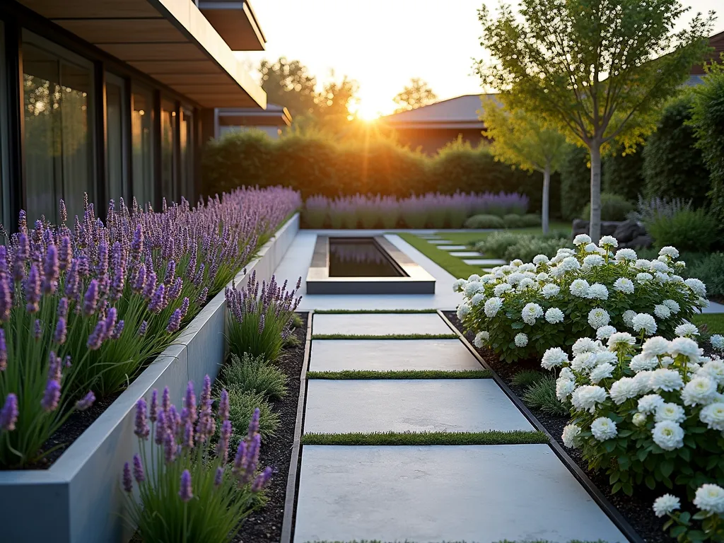 Modern Minimalist Lavender and Rose Garden - Wide-angle DSLR shot of a contemporary garden at golden hour, featuring bold geometric plantings of deep purple English Lavender and pure white 'Iceberg' roses in clean, rectangular beds. Architectural steel edging in charcoal gray creates sharp, modern lines dividing the garden spaces. A minimalist water feature with straight edges reflects the warm evening light. The foreground showcases mass plantings arranged in strict linear patterns, while sleek concrete pavers create a modern pathway through the space. Professional photography with crisp focus at f/8, capturing the interplay of light and shadow across the modern garden elements.