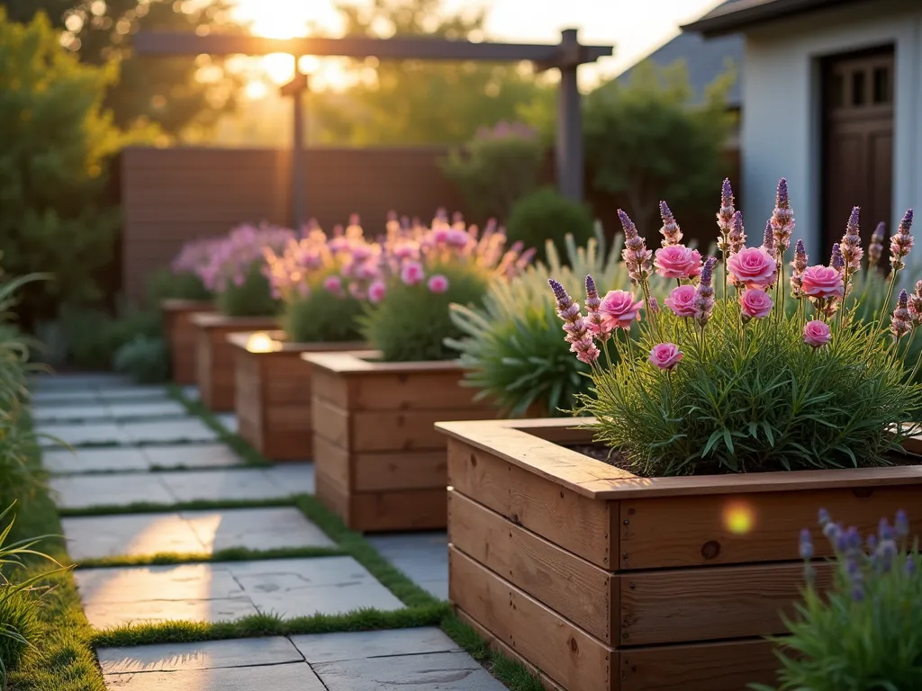 Modern Raised Bed Rose and Lavender Garden - A stunning twilight garden scene featuring elegant raised cedar wood garden beds arranged in a geometric pattern, filled with blooming 'Sweet Drift' roses in soft pink and compact 'Munstead' lavender. The elevated beds, standing 2 feet tall with clean modern lines, create a structured garden design. Golden hour sunlight casts long shadows across the weathered wood, highlighting the textural contrast between the roses and lavender. A natural stone pathway weaves between the beds, while subtle landscape lighting illuminates the fragrant plantings from below. Shot with a wide-angle perspective capturing multiple beds in symmetrical composition, with the closest bed showing detailed blooms in sharp focus. Soft bokeh effect in background reveals a contemporary pergola structure.