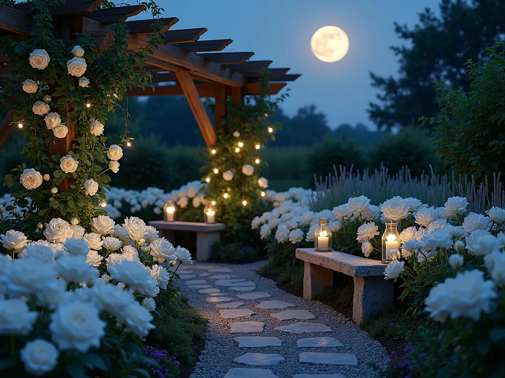 Enchanted Moonlight Rose Garden - A serene nighttime garden scene captured under a full moon, featuring ethereal white 'Iceberg' roses and silver lavender creating a luminous display. The garden path winds through elegant flower beds where clusters of pristine white roses glow against dark foliage. Silver-leaved lavender bushes line the path, their silvery stems and flowers catching moonbeams. Soft landscape lighting creates gentle shadows, while dewdrops on petals sparkle like diamonds. Shot with a wide-angle perspective to showcase the magical atmosphere, with the moon visible in the background casting its silvery light across the romantic garden setting. The composition includes a rustic wooden pergola draped with climbing white roses, and weathered stone benches nestled among the flowers. Depth of field captures both foreground detail and the dreamy background bokeh.