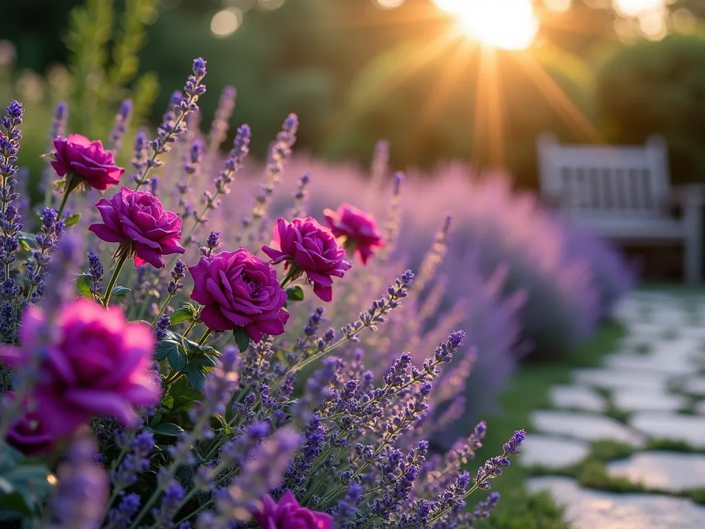 Purple Monochromatic Garden Border - A stunning garden border photographed during golden hour, featuring a harmonious blend of deep purple 'Ebb Tide' roses and flowing waves of French and Spanish lavender. The wide-angle composition shows a curved border path with layers of purple blooms creating a dramatic color gradient from deep royal purple to soft lilac. The roses stand proudly among silver-green lavender foliage, their rich petals catching the warm evening light. Natural stone pavers line the border's edge, while a rustic wooden bench in the background provides a peaceful seating area. The garden has a romantic, cottage-style aesthetic with a soft bokeh effect in the background creating a dreamy atmosphere. Dewdrops on the flowers add sparkle and dimension to the scene. Shot with a DSLR camera, f/8 aperture, ISO 100, 1/125 shutter speed, capturing the rich textures and subtle color variations in the purple theme.