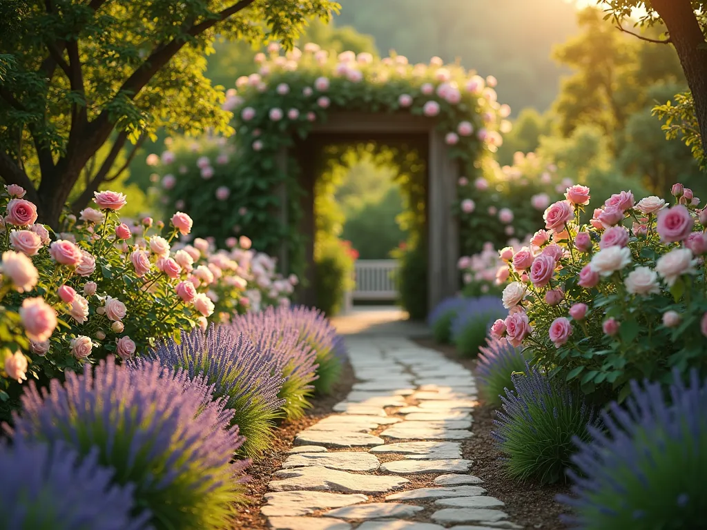 Enchanting Rose and Lavender Cottage Pathway - A winding rustic stone pathway at golden hour, photographed with a wide-angle lens at f/2.8. The path meanders through a lush cottage garden, bordered by blooming English Roses in soft pink and cream tones, intermingled with waves of purple French lavender. Tall climbing roses adorn a weathered wooden arch in the middle distance, while shorter Munstead lavender creates a fragrant edge along the pathway. Dappled sunlight filters through the roses, creating a dreamy, romantic atmosphere. The informal planting style features roses and lavender at varying heights, creating a naturalistic, cottage garden feel. The path disappears around a gentle curve, leading to a hidden garden bench. Soft bokeh effect in the background enhances the magical atmosphere.