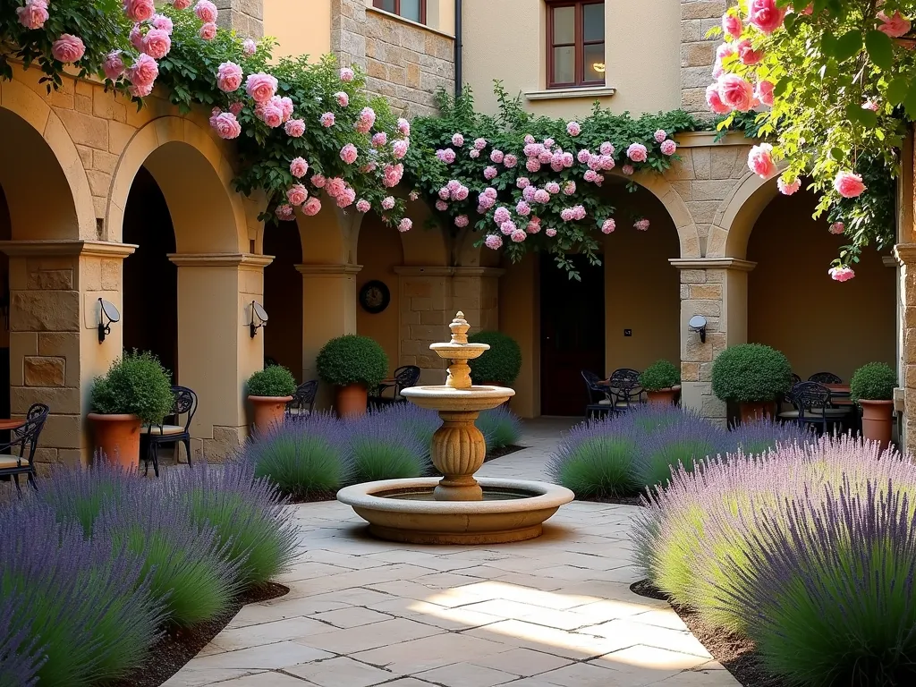 Romantic Courtyard Garden with Roses and Lavender - A tranquil Mediterranean-style courtyard garden at golden hour, photographed with a DSLR wide-angle lens. Ancient stone walls adorned with cascading pink climbing roses (Rosa 'New Dawn') frame the intimate space. Below, neat rows of English lavender create a fragrant border, their purple blooms swaying gently. A classical limestone fountain serves as the centerpiece, its gentle water music adding serenity. Terracotta pots with trailing roses accent the corners, while wrought iron garden furniture provides a romantic seating area. Warm evening light casts long shadows across the stone paved ground, highlighting the textural contrast between the smooth walls and abundant florals. The composition captures the perfect balance between structured architecture and soft, romantic plantings.