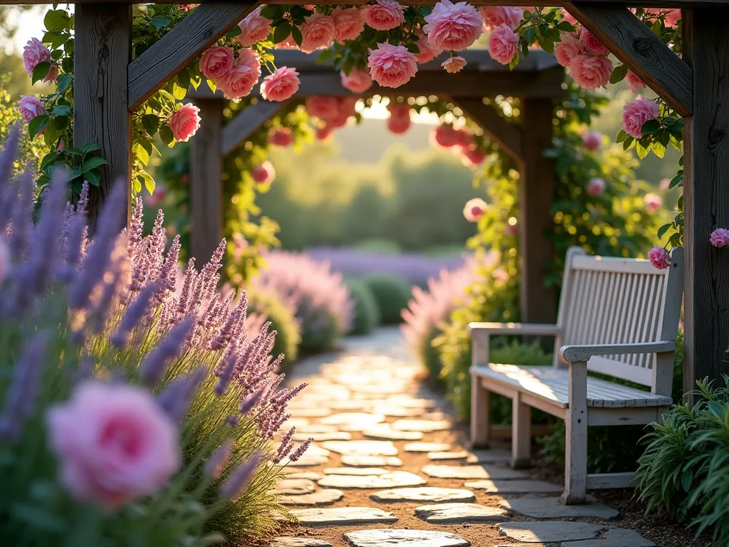 Romantic Pastel Rose and Lavender Garden Path - A serene garden path at golden hour, photographed with a wide-angle lens capturing a dreamy landscape where clusters of soft pink 'New Dawn' roses gracefully arch over weathered wooden arbors. The path is lined with swaying 'Melissa Lilac' lavender creating gentle waves of pastel purple. Dappled sunlight filters through the rose petals, casting a romantic glow on the natural stone pathway. In the foreground, close-up details of dewdrops on the lavender stems add depth, while the background reveals a curved garden bed where the roses and lavender blend in a harmonious pastel palette. The composition includes a vintage-style white garden bench nestled among the flowers, creating a peaceful retreat. Shot with a DSLR camera, f/8 aperture, ISO 100, 1/125 shutter speed, capturing the ethereal quality of evening light and the subtle interplay of pink and purple hues.