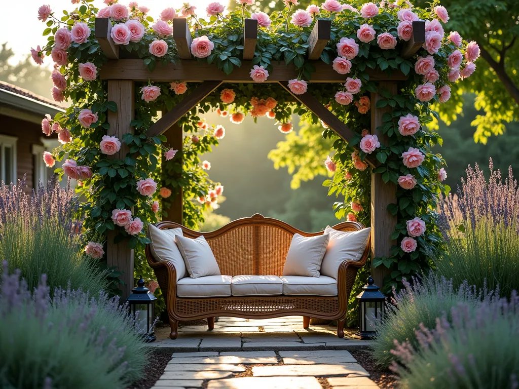 Romantic Secret Garden Reading Nook - DSLR photo, f/8, ISO 100, wide-angle lens capture of an intimate garden nook at golden hour. A weathered wooden pergola draped with climbing 'New Dawn' roses in soft pink creates a natural canopy. Below, a cozy vintage-style wicker loveseat with plush cushions nestles against tall French lavender plants. The space is partially concealed by a curved pathway bordered by 'Pierre de Ronsard' climbing roses and 'Hidcote' lavender. Dappled sunlight filters through the rose-covered pergola, creating a dreamy, romantic atmosphere. Persian Lilac butterfly bush and white flowering clematis add vertical interest. Natural stone pavers lead to this secret sanctuary, with ornate wrought iron lanterns marking the entrance.