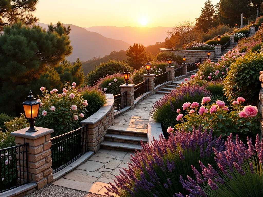 Romantic Stepped Garden Terraces with Roses and Lavender - A stunning wide-angle sunset photograph of a terraced garden with three elegant stone-walled levels, captured with a 16-35mm lens at f/2.8. The uppermost terrace showcases climbing David Austin roses in soft pink and cream colors, intermingled with bush roses. The middle level features a mix of fragrant English roses and hybrid tea roses in deep burgundy and blush tones. The lowest terrace displays cascading French lavender creating a purple waterfall effect over the natural stone walls. Golden hour sunlight casts long shadows across the weathered stone steps connecting each level, while copper garden lanterns provide ambient lighting. The composition includes a small gravel pathway winding through the terraces, with ornate iron railings adding architectural interest. The background reveals distant mountains, creating depth and perspective.