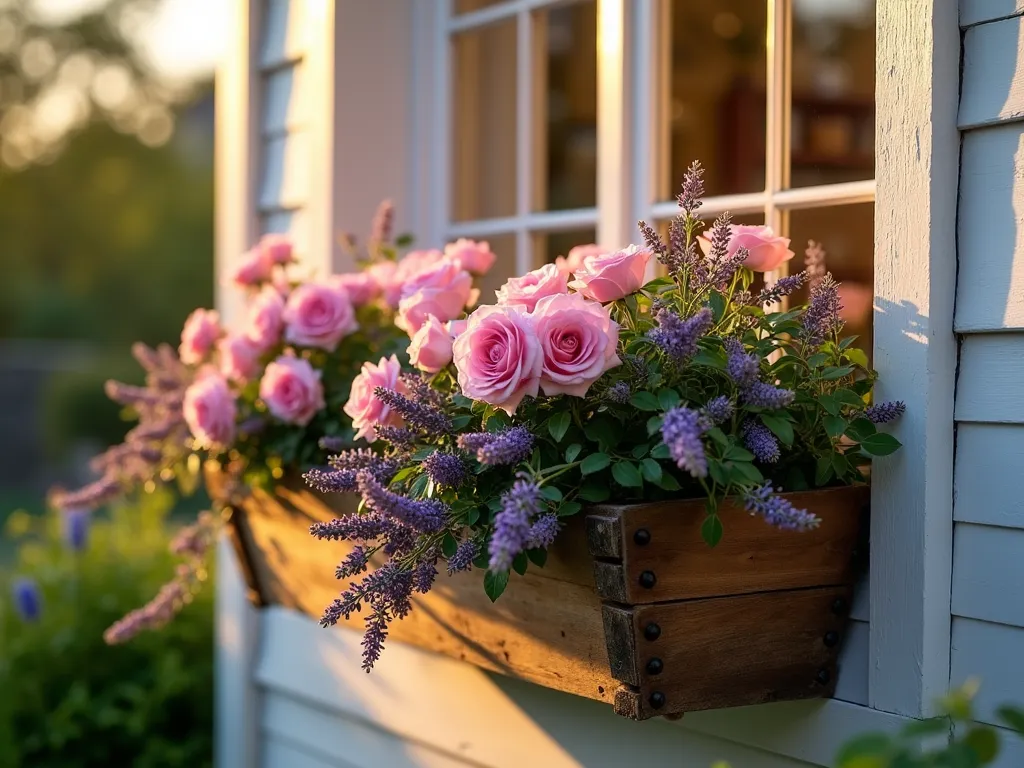 Romantic Window Box with Lavender and Roses - A close-up shot during golden hour of an elegant window box mounted on a cottage-style home's exterior. The wooden window box features cascading pink miniature David Austin roses intertwined with compact French lavender 'Hidcote Blue'. The late afternoon sunlight filters through the delicate rose petals, creating a dreamy, romantic atmosphere. The window's white trim provides a perfect frame for the abundant blooms, while trailing roses spill gracefully over the box's edge. Through the window's reflection, glimpses of a cozy interior suggest the beautiful view from inside. Shot with shallow depth of field focusing on the flowers, creating a soft, ethereal background of the garden beyond.