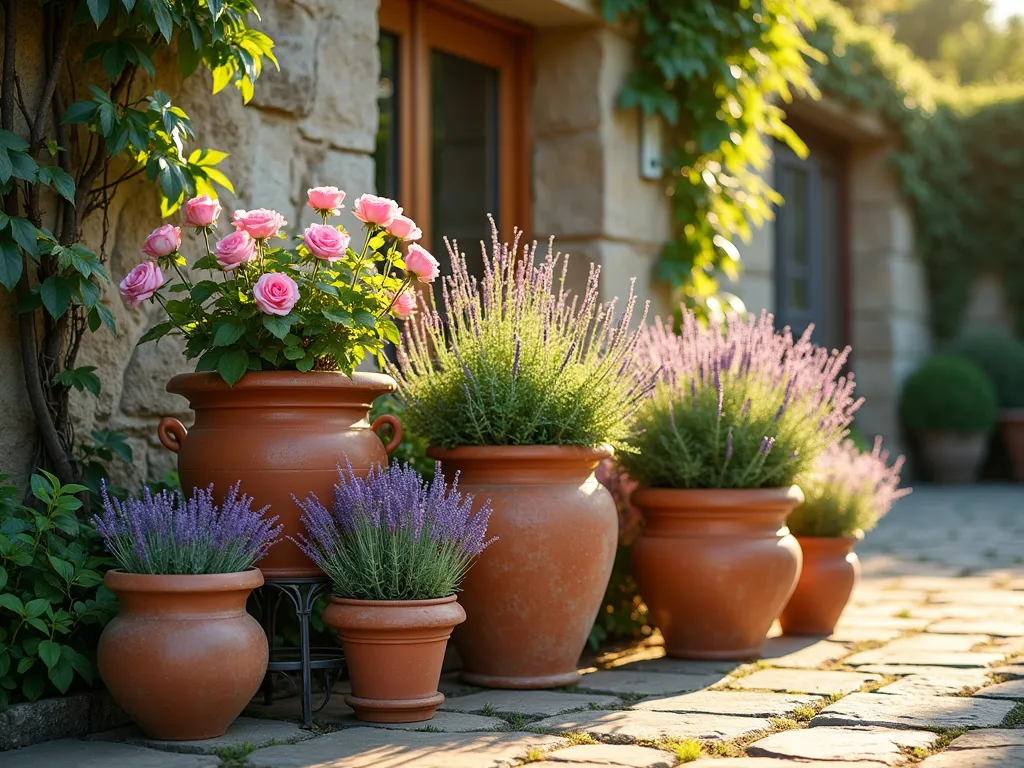 Rustic Container Garden with Lavender and Roses - A stunning late afternoon composition of artfully arranged terracotta and ceramic containers on a sun-drenched stone patio, photographed at eye level. Multiple weathered containers of varying heights and sizes create a layered display, filled with blooming pink miniature roses and purple English lavender 'Munstead'. Golden sunlight filters through the flowers, creating a romantic atmosphere with soft shadows. The containers feature both tall and cascading plants, with some lavender spilling over the edges. Vintage-style metalwork plant stands elevate some pots, adding vertical interest. The background shows a blurred natural stone wall covered in climbing vines, enhancing the cottage garden aesthetic. Shot with natural lighting highlighting the delicate petals and silver-green lavender foliage, with rich detail in the container textures and plant structures.