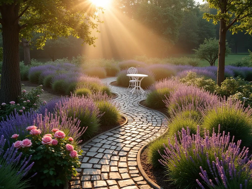 Enchanting Spiral Garden Path with Roses and Lavender - A magical golden hour photograph of a spiral garden path in a residential backyard, captured from an elevated angle. The winding cobblestone path creates an elegant spiral pattern, bordered by alternating English David Austin roses in soft pink and purple French lavender in full bloom. The path gracefully leads to a charming circular seating area at the center, featuring a white vintage-style wrought iron bistro set. Dappled sunlight filters through nearby trees, creating a romantic atmosphere, while butterflies hover over the blooming flowers. The spiral design is perfectly manicured, with the height of plants gradually increasing from the outer edges toward the center, creating a mesmerizing visual flow. A soft mist hangs in the air, adding to the enchanted garden atmosphere.