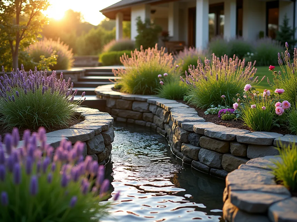 Terraced Lavender and Rose Rain Garden at Sunset - A beautifully landscaped residential rain garden at golden hour, featuring terraced levels descending into a shallow basin. The upper edges are adorned with vibrant English Lavender and climbing David Austin roses in soft pink. Natural stone retaining walls create gentle curves, with ornamental grasses and moisture-loving plants in the lower basin. The garden is photographed from a slightly elevated angle, capturing the flow of the design and the interplay of evening light through the plants. Dew drops glisten on the lavender stalks, while the roses cascade over the stone edges. The background shows a partial view of a modern home with a connecting stone pathway.