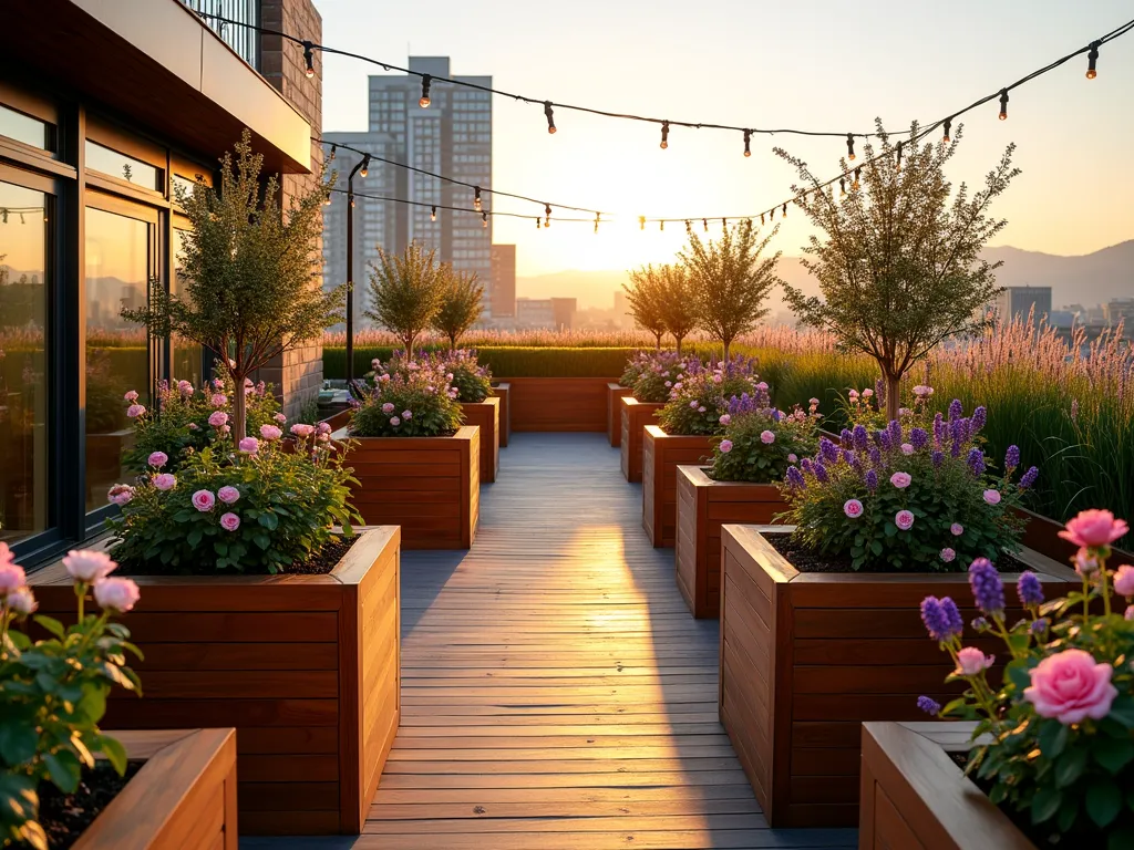 Urban Rooftop Lavender Rose Haven - A golden hour photograph of a luxurious rooftop garden oasis, shot at f/2.8 with a 16-35mm lens. Modern geometric wooden planters arranged in a thoughtful pattern contain blooming English roses in soft pink and climbing roses on copper trellises. Hardy lavender bushes with vibrant purple blooms sway gently in protective curved glass windbreaks. Contemporary deck flooring creates pathways between raised beds, while string lights twinkle overhead. Glass balustrades offer city views beyond. Strategic placement of tall ornamental grasses provides additional wind protection. Custom irrigation systems visible in terracotta containers ensure optimal growing conditions. Soft evening light casts long shadows across the space, highlighting the romantic atmosphere of this urban sanctuary.