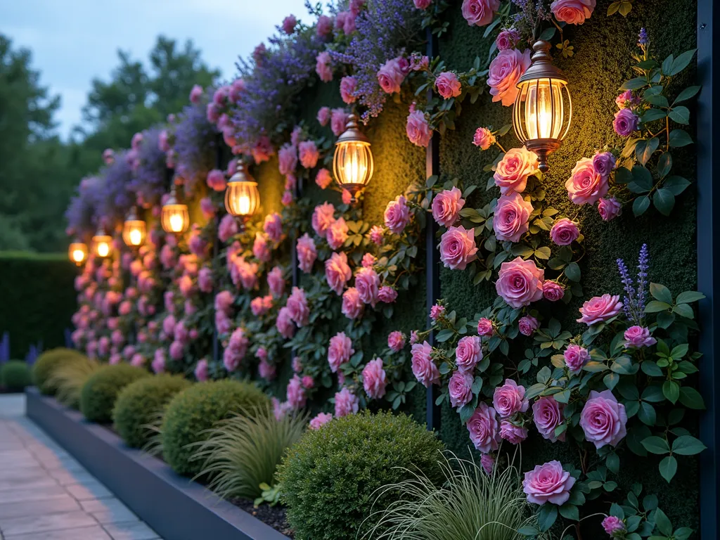 Enchanting Vertical Rose and Lavender Living Wall - A stunning vertical garden wall at dusk, illuminated by soft garden lighting, featuring a lush tapestry of climbing pink David Austin roses intertwined with cascading French lavender. The living wall system spans 10 feet high on a contemporary dark grey facade, with geometric planting pockets creating a mesmerizing pattern. Purple and pink blooms create a romantic gradient effect, while delicate tendrils of roses weave through the structured design. Small copper lanterns cast a warm glow on the textured foliage, highlighting the dimensional aspect of the installation. Shot from a slight upward angle to emphasize the wall's dramatic height and the ethereal quality of the hanging plants, with subtle bokeh effects in the background.