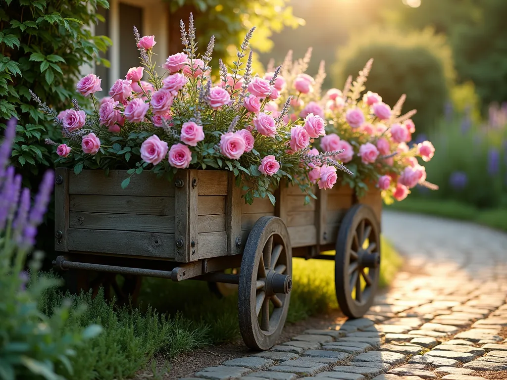 Vintage Garden Cart with Roses and Lavender - A rustic wooden garden cart with weathered patina, positioned in a sunlit garden corner during golden hour. The cart overflows with cascading pink David Austin roses and French lavender, creating a romantic vintage display. Soft evening light filters through the climbing roses, casting gentle shadows on the weathered wood. The cart's metal wheels are partially embraced by creeping thyme, while butterfly-attracting English lavender 'Hidcote' adds purple spikes among the lush rose blooms. A cobblestone path leads to the cart, with cottage garden perennials softening the edges. Photorealistic, dreamy atmosphere, soft bokeh effect, f/2.8 depth of field.