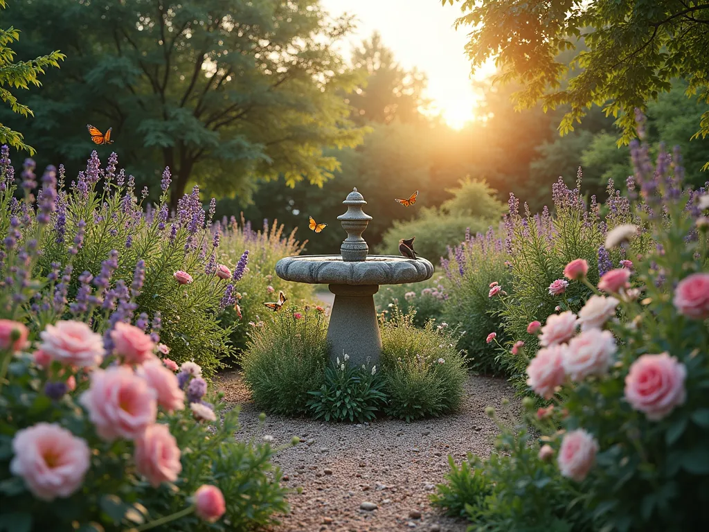 Lavender and Rose Wildlife Haven - A serene twilight garden scene showcasing a naturally landscaped wildlife sanctuary. Single-flowered heritage roses in soft pink and white intermingle with swaying French lavender borders. A natural stone birdbath serves as a centerpiece, surrounded by native wildflowers and grasses. Butterflies hover over the blooms while birds perch on rustic wooden feeders. Dappled golden evening light filters through the scene, creating a magical atmosphere. The garden features winding gravel paths, log pile habitats, and bee hotels nestled among the plantings. The composition is captured in a wide-angle view that emphasizes the harmonious blend of cultivated and wild elements, with the focus on the interaction between wildlife and the garden elements.