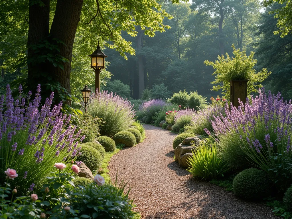 Enchanted Woodland Garden Border - A mesmerizing twilight scene of a woodland garden edge, where climbing David Austin roses in soft pink and white intertwine with hardy English lavender, creating a dreamy transition between a dense forest backdrop and a manicured garden. Deep purple Hidcote lavender and pink Munstead varieties form gentle waves along the border, while shade-tolerant New Dawn roses climb naturally on rustic wooden posts. Dappled sunlight filters through tall oak trees, casting ethereal shadows on a winding gravel path that separates the woodland from the cultivated space. Natural stone boulders peek through the foliage, covered in moss, while copper garden lanterns provide warm, magical lighting. Shot from a wide angle to capture the graceful curve of the border, with the forest creating a mysterious backdrop.