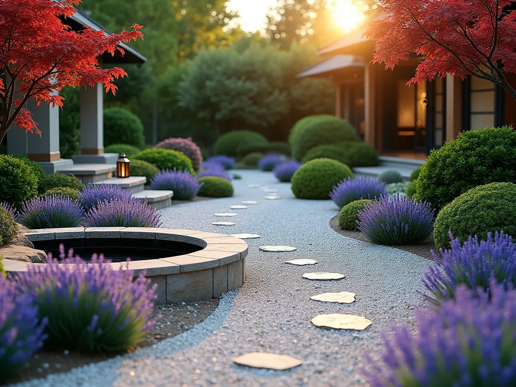 Zen-Inspired Lavender and Rose Garden - A serene Japanese-inspired garden at golden hour, photographed with a wide-angle lens. A meandering path of light gray gravel winds through carefully positioned purple lavender bushes and pale pink David Austin roses. Traditional Japanese elements include a black granite water basin and carefully pruned cloud-shaped shrubs. Natural stone steps lead to a small meditation area surrounded by carefully raked gravel patterns. The scene is anchored by a single elegant Japanese maple tree with deep red foliage. Soft evening light casts long shadows across the gravel, while copper garden lanterns provide subtle accent lighting. The composition shows perfect balance between structured Zen elements and the romantic flow of English roses and lavender, creating a harmonious East-meets-West aesthetic.