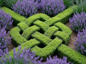 Celtic Knot Garden Pattern - Close-up detail of a Celtic-inspired lavender knot garden intersection, showing the intricate weaving pattern of different lavender varieties creating a complex Celtic knot